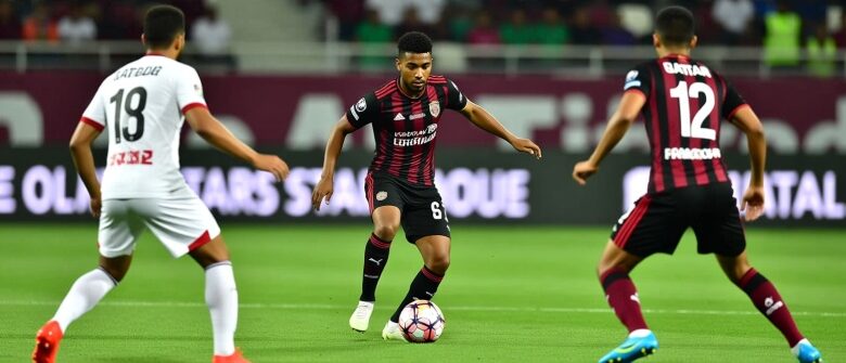 أكرم عفيف يراوغ المدافعين خلال مباراة مع نادي السد القطري في الدوري الممتاز