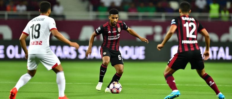 أكرم عفيف يراوغ المدافعين خلال مباراة مع نادي السد القطري في الدوري الممتاز