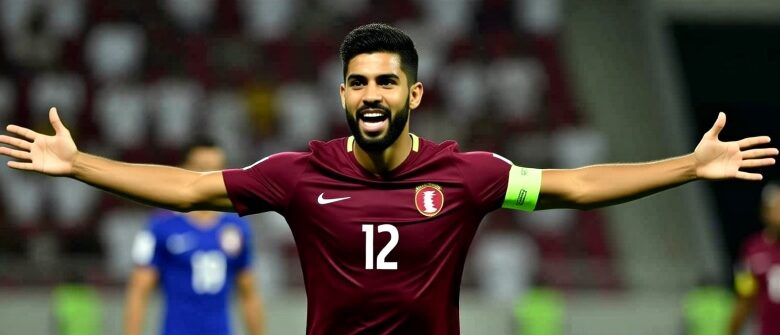 أكرم عفيف أفضل لاعب في المنتخب القطري يحتفل بهدف في مباراة دولية مرتدياً القميص العنابي