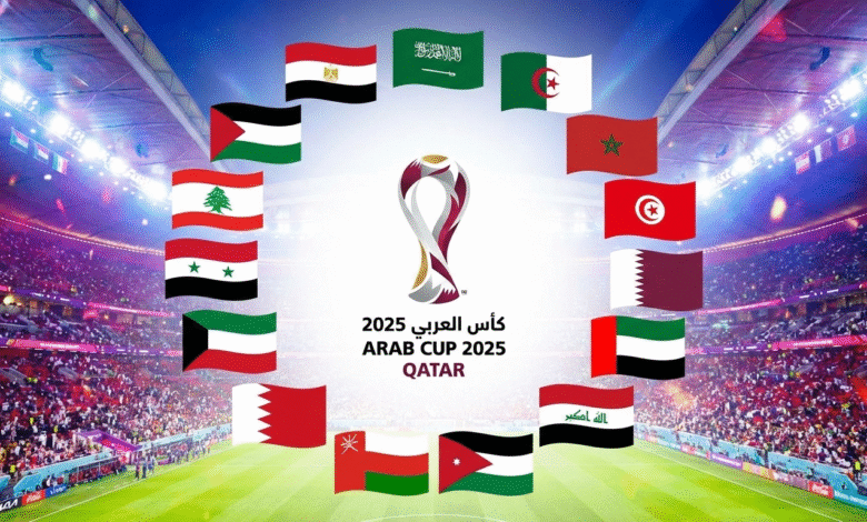 أعلام المنتخبات العربية الـ16 المتأهلة لبطولة كأس العرب 2025 مصفوفة بشكل دائري