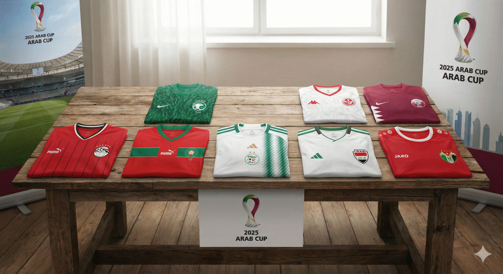 قمصان المنتخبات العربية المشاركة في كأس العرب 2025 معروضة على طاولة