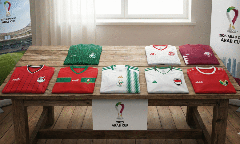قمصان المنتخبات العربية المشاركة في كأس العرب 2025 معروضة على طاولة