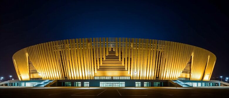 استاد لوسيل من الخارج ليلاً بإضاءته الذهبية المميزة، أكبر ملاعب قطر بسعة 80 ألف متفرج