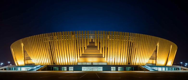 استاد لوسيل من الخارج ليلاً بإضاءته الذهبية المميزة، أكبر ملاعب قطر بسعة 80 ألف متفرج