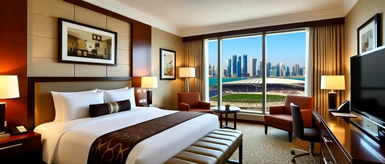 غرفة فندقية فاخرة 5 نجوم في أحد فنادق الدوحة القريبة من استاد لوسيل مع إطلالة بانورامية على المدينة