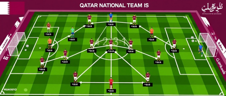 تحليل تكتيكي للتشكيلة الأساسية للمنتخب القطري بنظام 4-2-3-1 يوضح توزيع اللاعبين والمراكز في المباراة الأخيرة