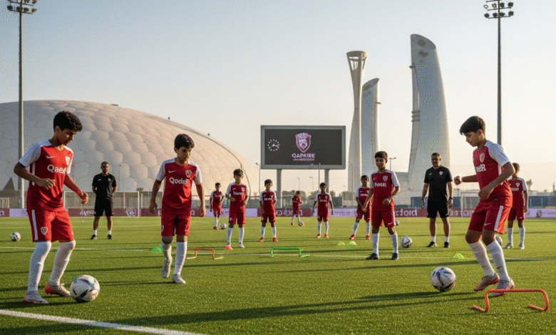 لاعبو كرة القدم القطريون الشباب أثناء التدريب في أكاديمية أسباير للتفوق الرياضي بقطر